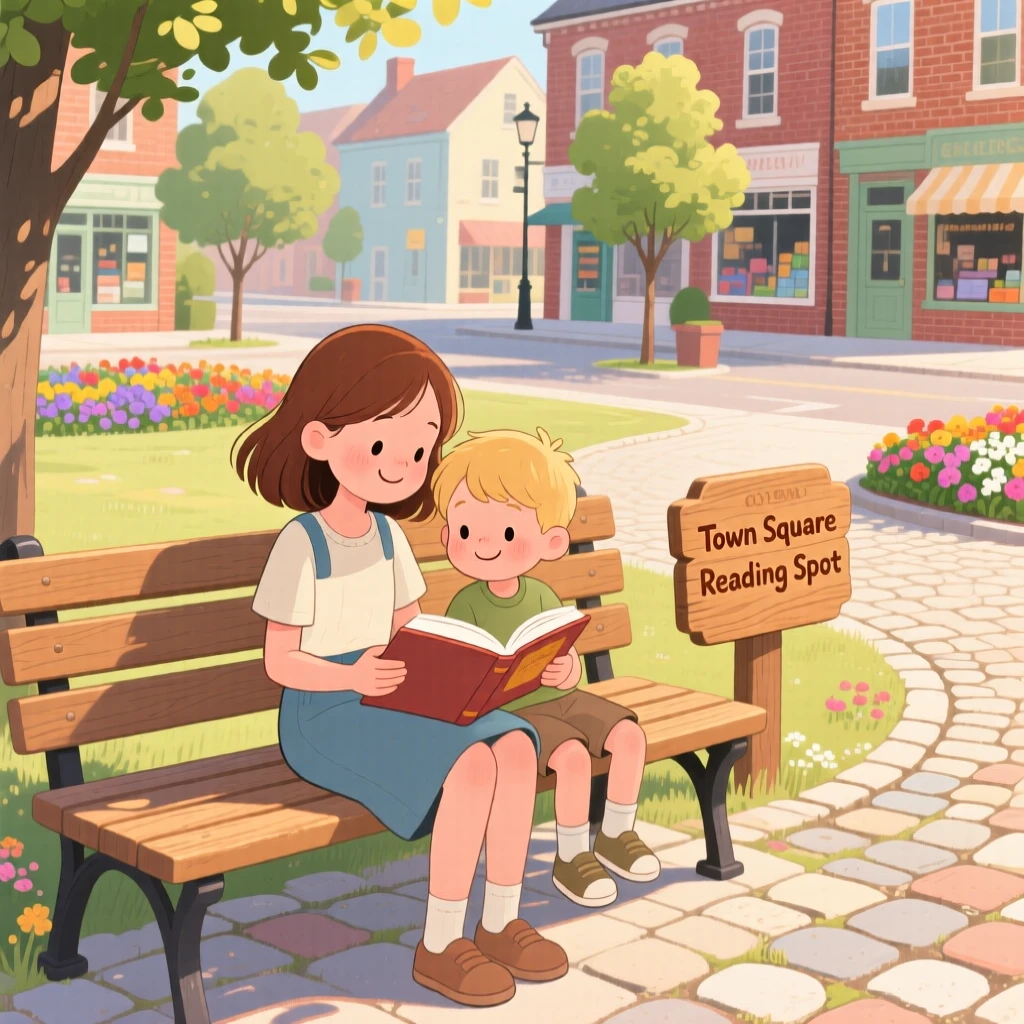 An older sibling and a younger one are seen reading together on a park bench in a small town square, with quiet gratitude in their eyes.