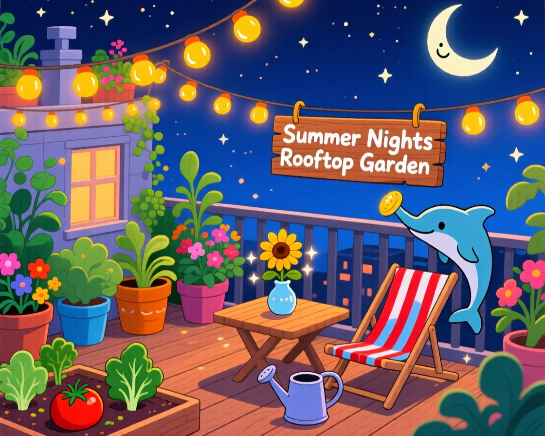 A rooftop garden glowing with string lights on a summer night.