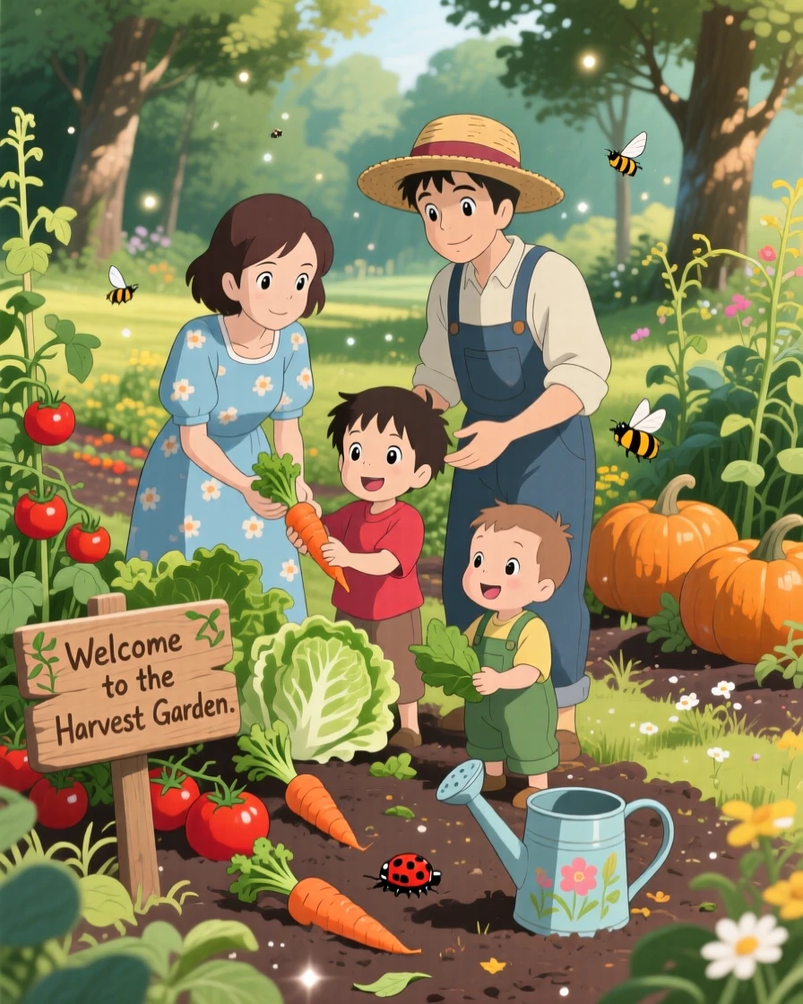 A family harvesting vegetables together in their garden, the scene peacefully content.