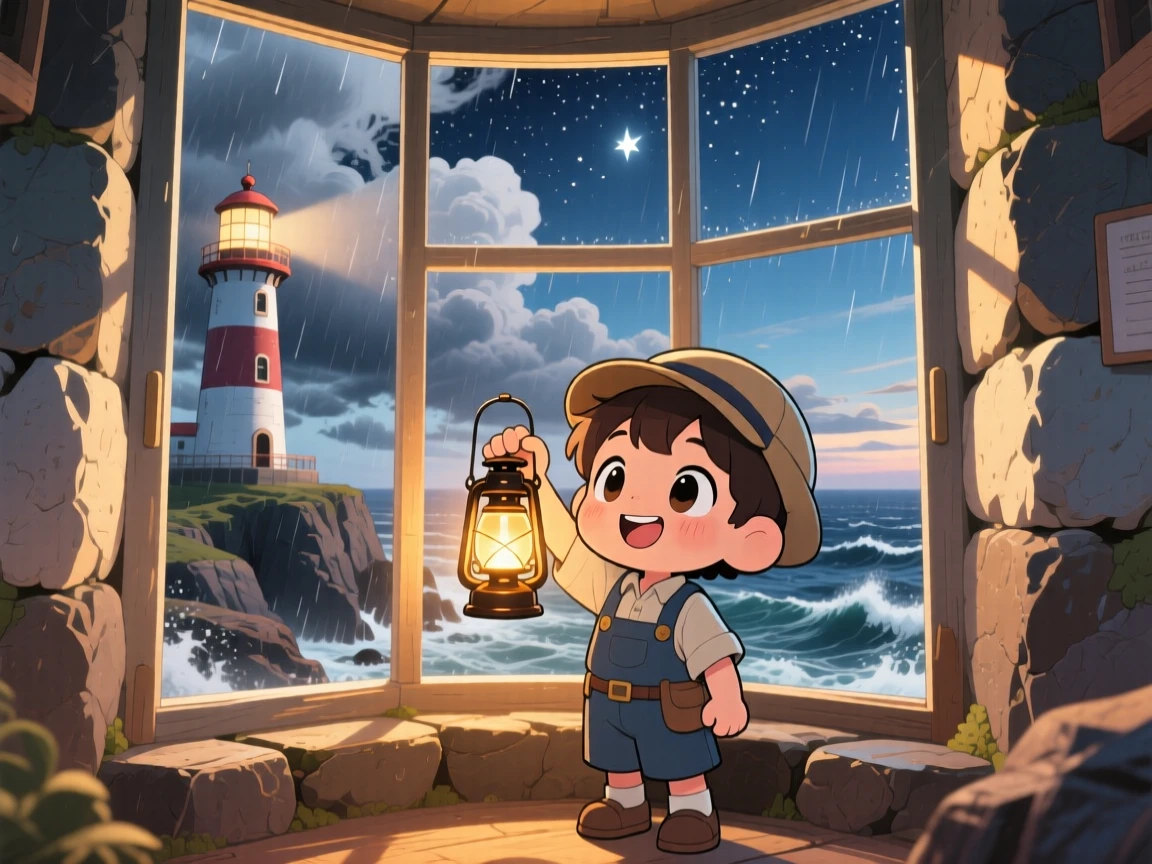 In a rocky coastal lighthouse, a lighthouse keeper's child is signaling with a lantern during a storm under a starry midsummer night sky, bathed in soft golden-hour sunlight, expression full of triumphant pride. Shot as a framed through a window.
