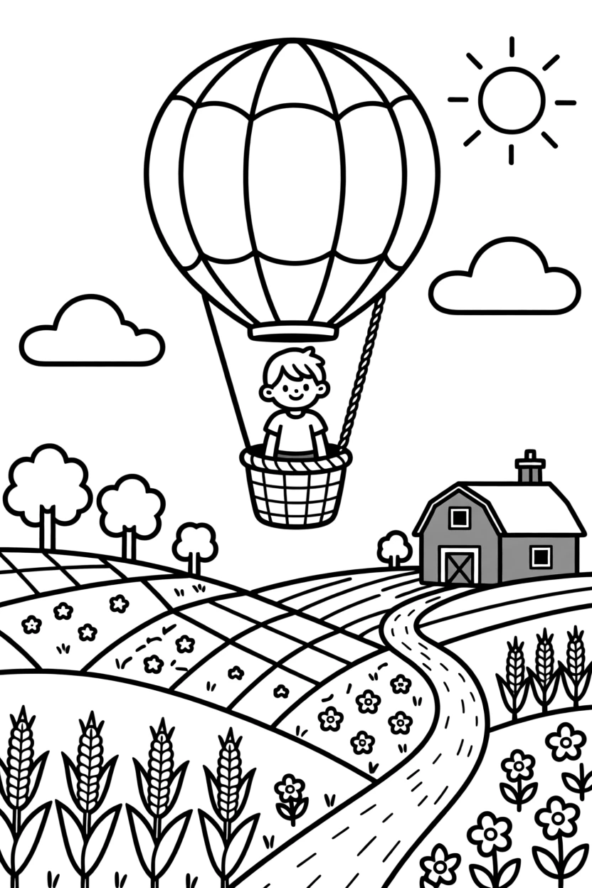 A colorful hot air balloon floating over a patchwork of farm fields