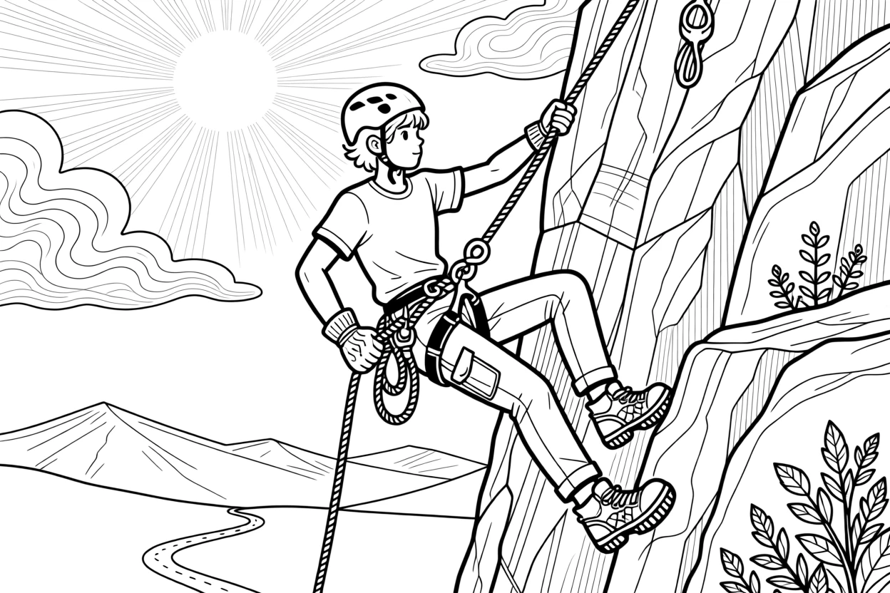 A rock climber dangling from a rope on a sheer cliff, with sunlight breaking dramatically through the clouds.