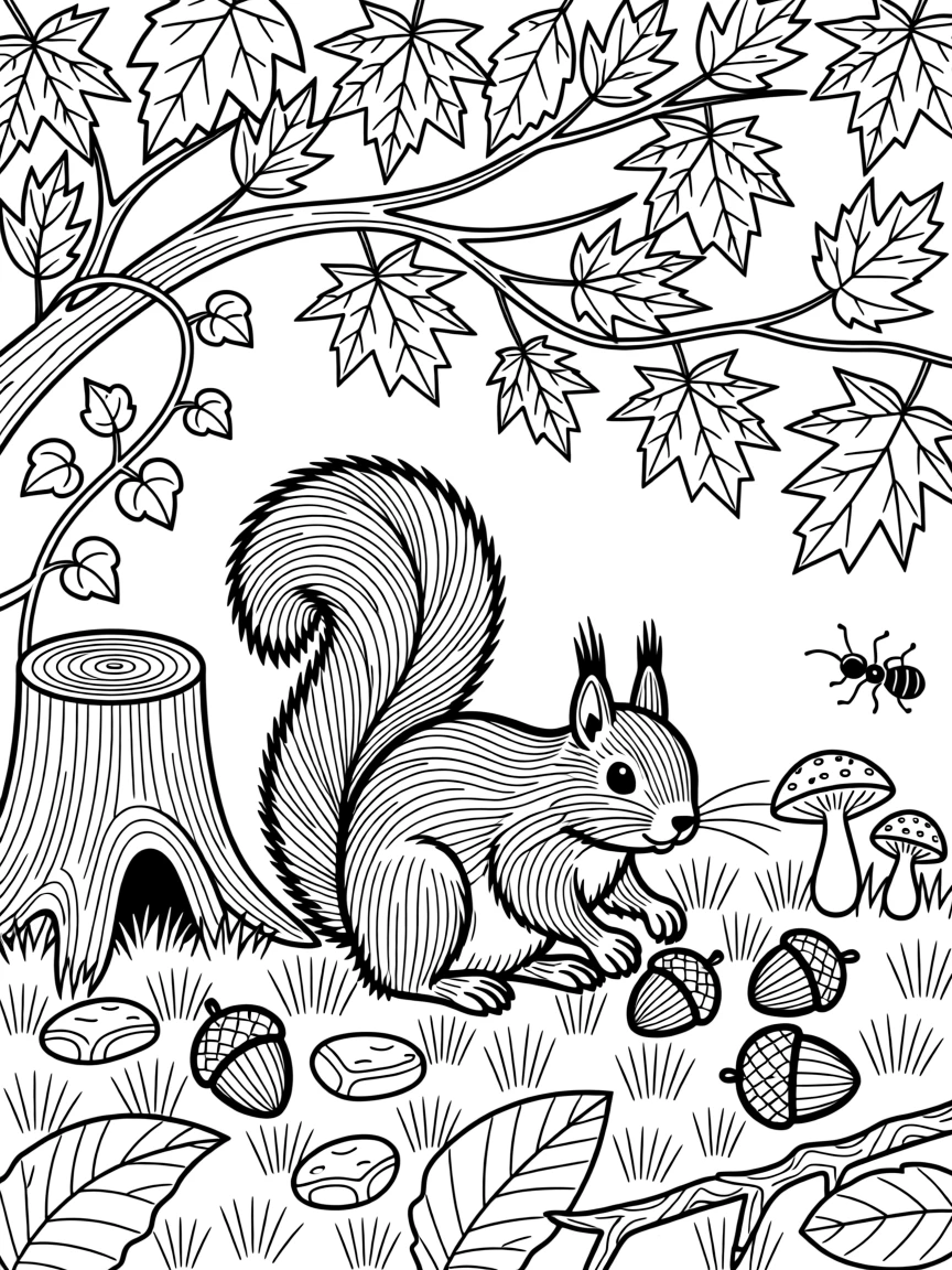 A squirrel gathering acorns beneath a canopy of autumn leaves.