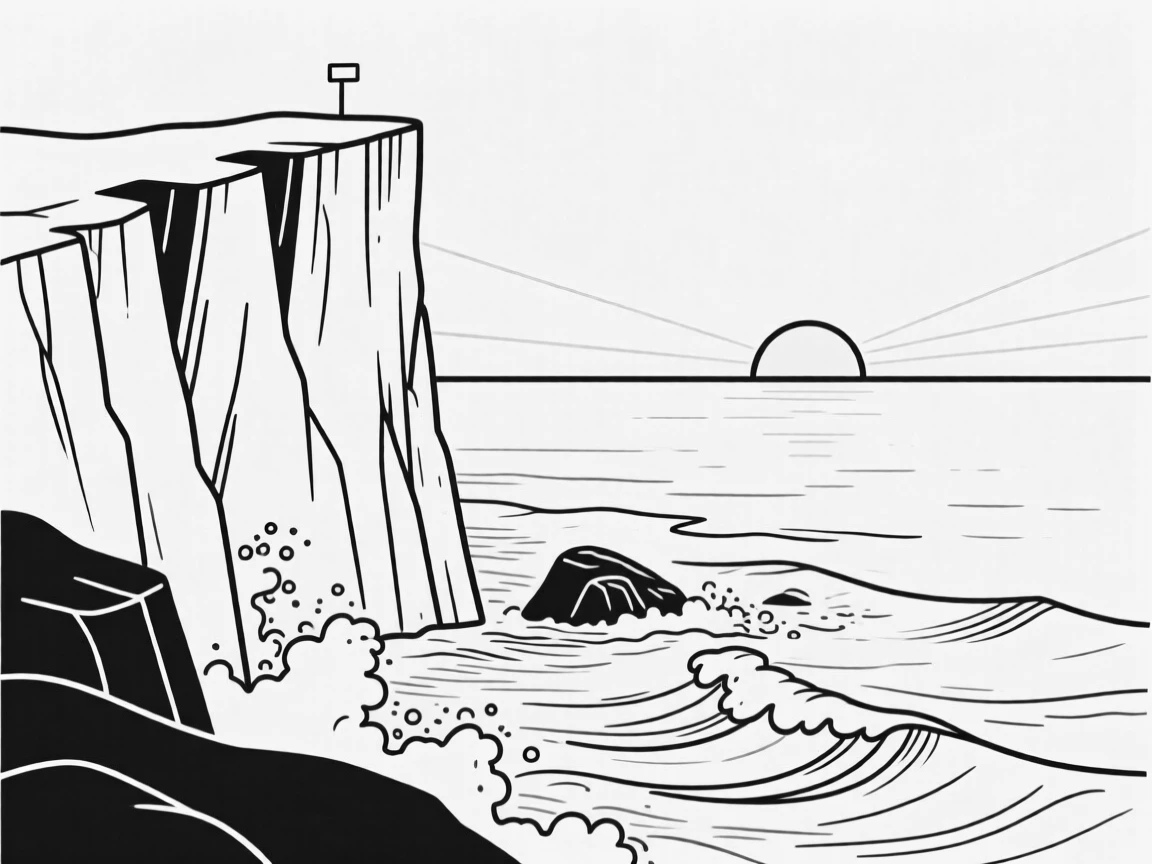 A dramatic cliff overlooking crashing ocean waves at sunset