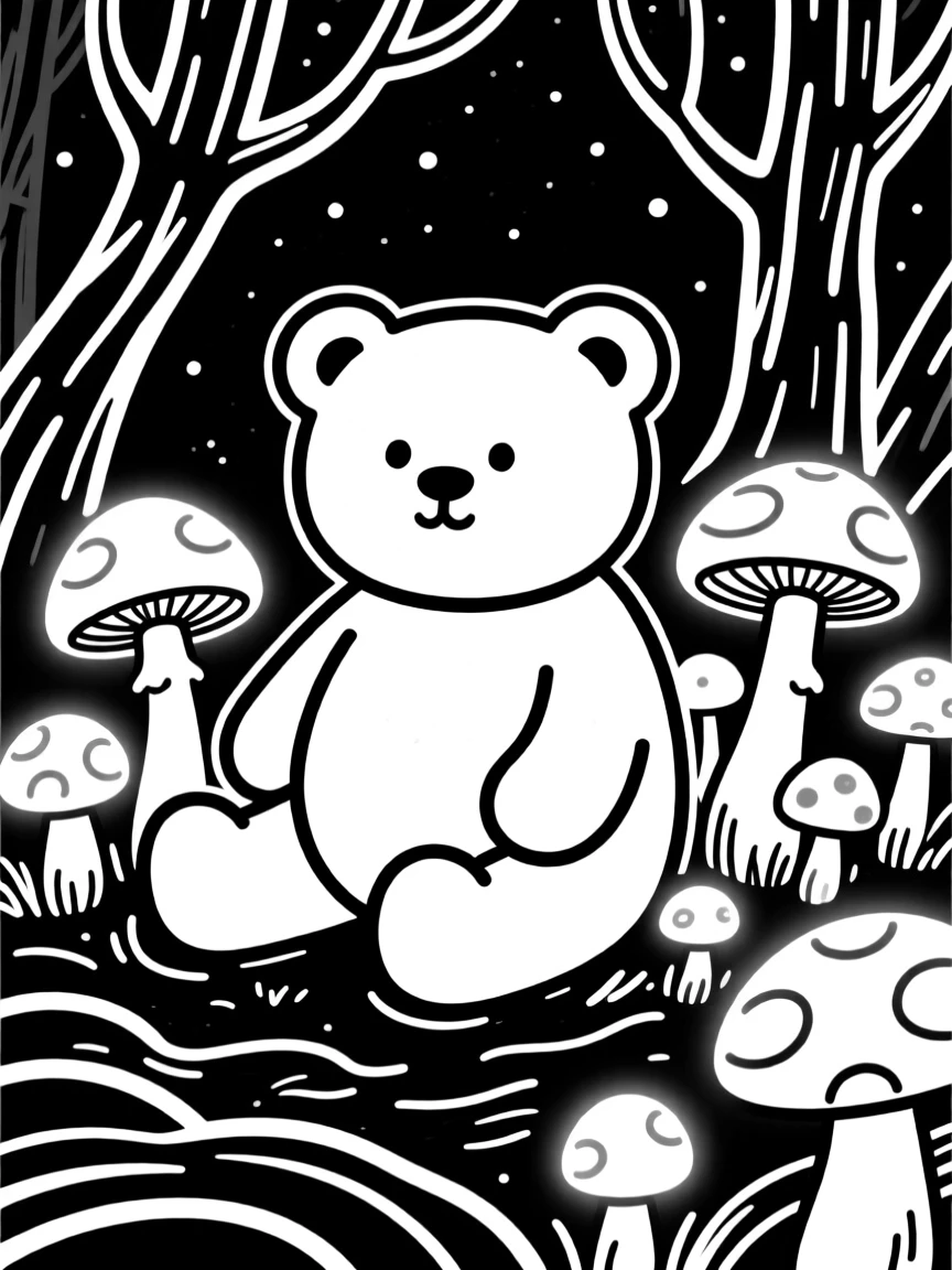 A round teddy-bear-like forest spirit sitting among glowing mushrooms at night.