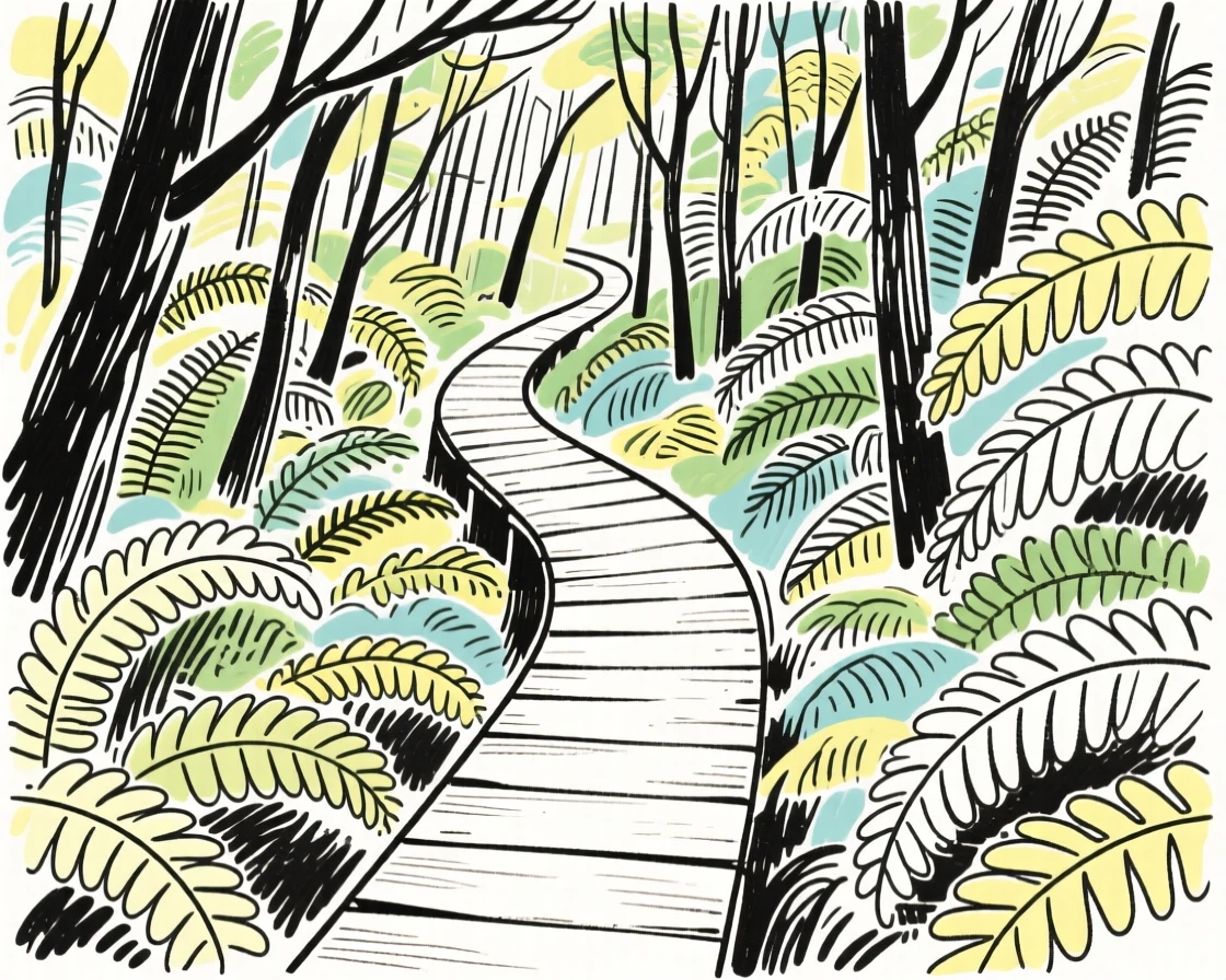 A dense fern forest with a narrow wooden boardwalk winding through it.