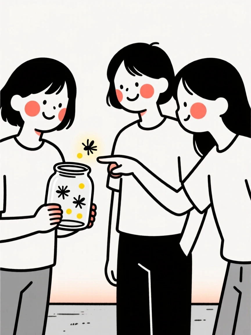 A group of friends catching fireflies in a jar at dusk.