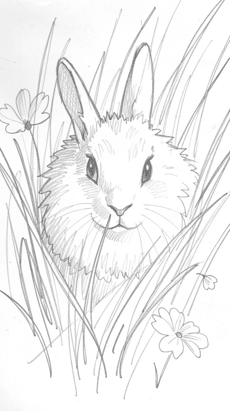 An adorable close-up of a fluffy white rabbit peeking out from tall autumn grass, among scattered wildflower petals.