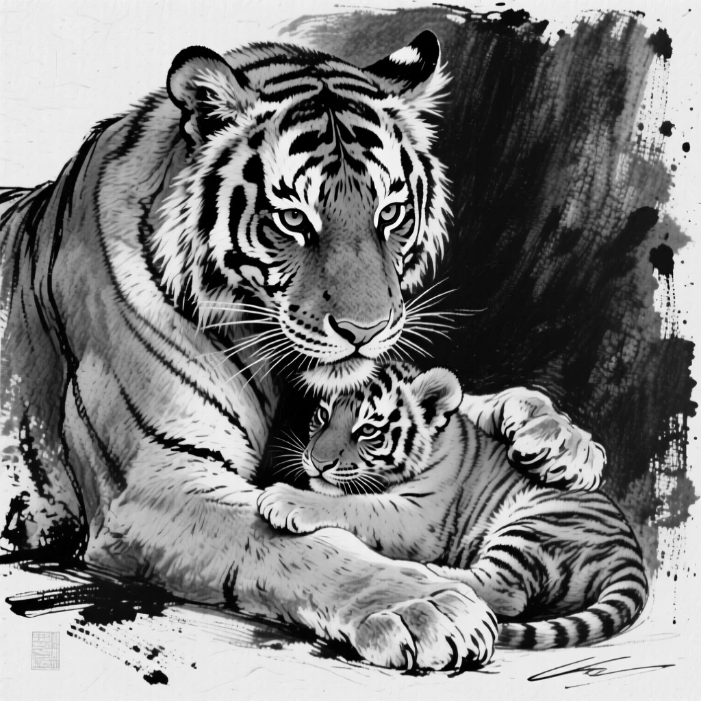 A tiger grooming its young with gentle care.