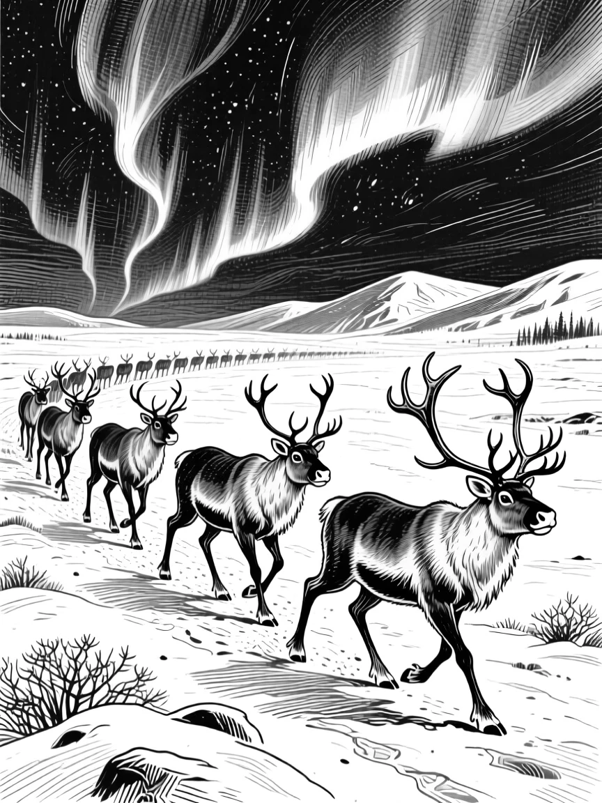 A herd of reindeer trekking across a snowy tundra beneath the northern lights.