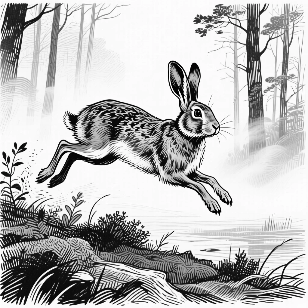 A hare frozen mid-leap at the edge of a quiet forest, against a backdrop of drifting mist, capturing a gentle and endearing moment in nature with a strong, centered focal point.