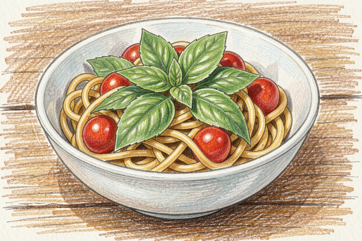 A bowl of fresh pasta tossed with basil and cherry tomatoes, arranged casually on a rustic wooden surface, evoking comfort, warmth, and the simple pleasure of good food.