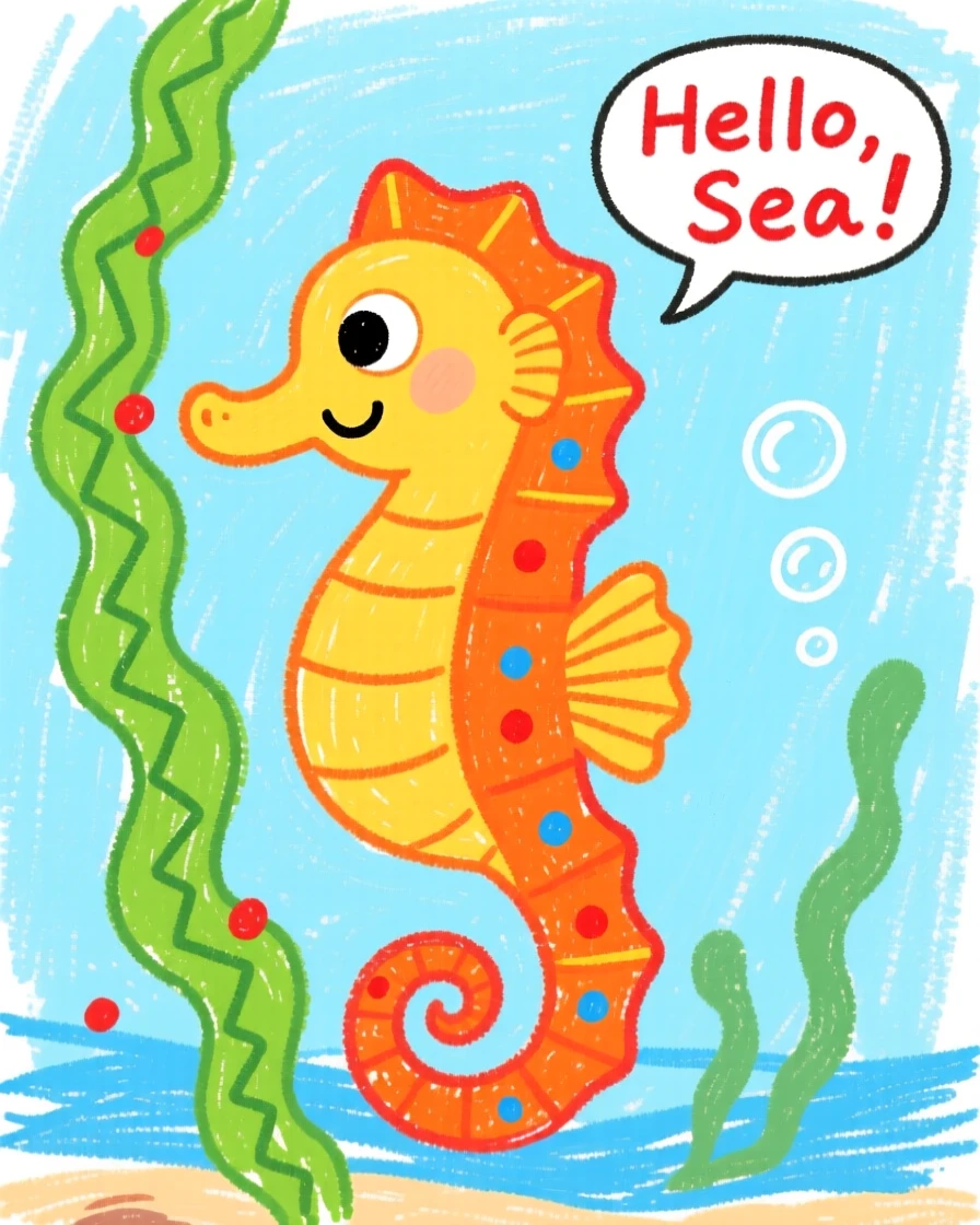 A seahorse curling its tail around a strand of seaweed.