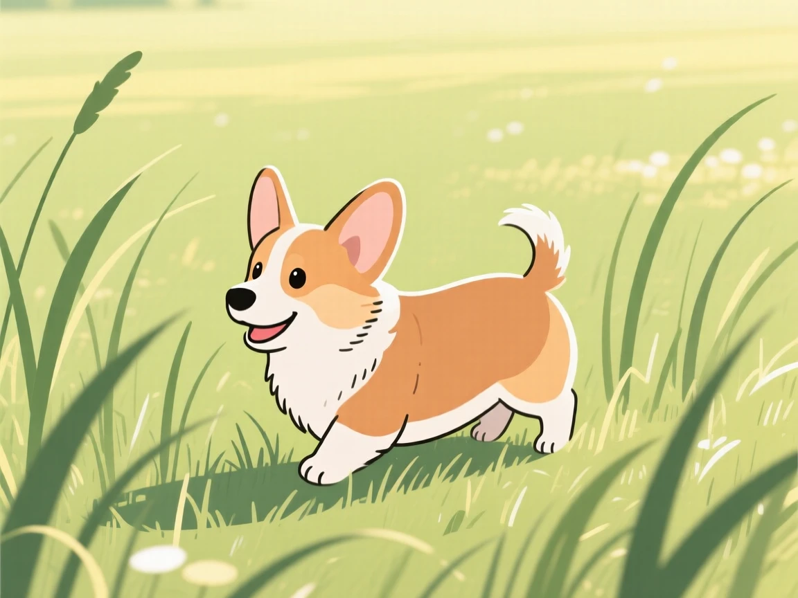 A playful corgi puppy exploring tall grass in a sunny meadow.