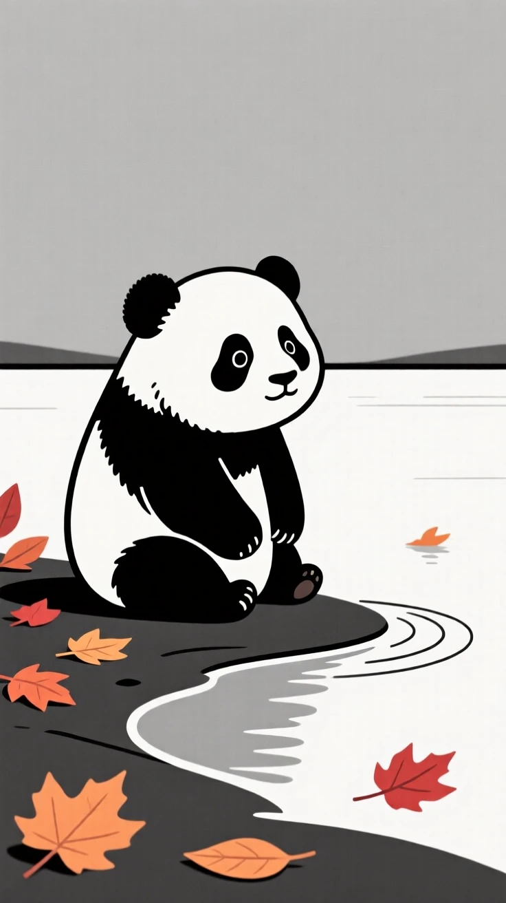 A curious panda cub pausing in a lakeside shore, with scattered autumn leaves in the background, radiating wild freedom.