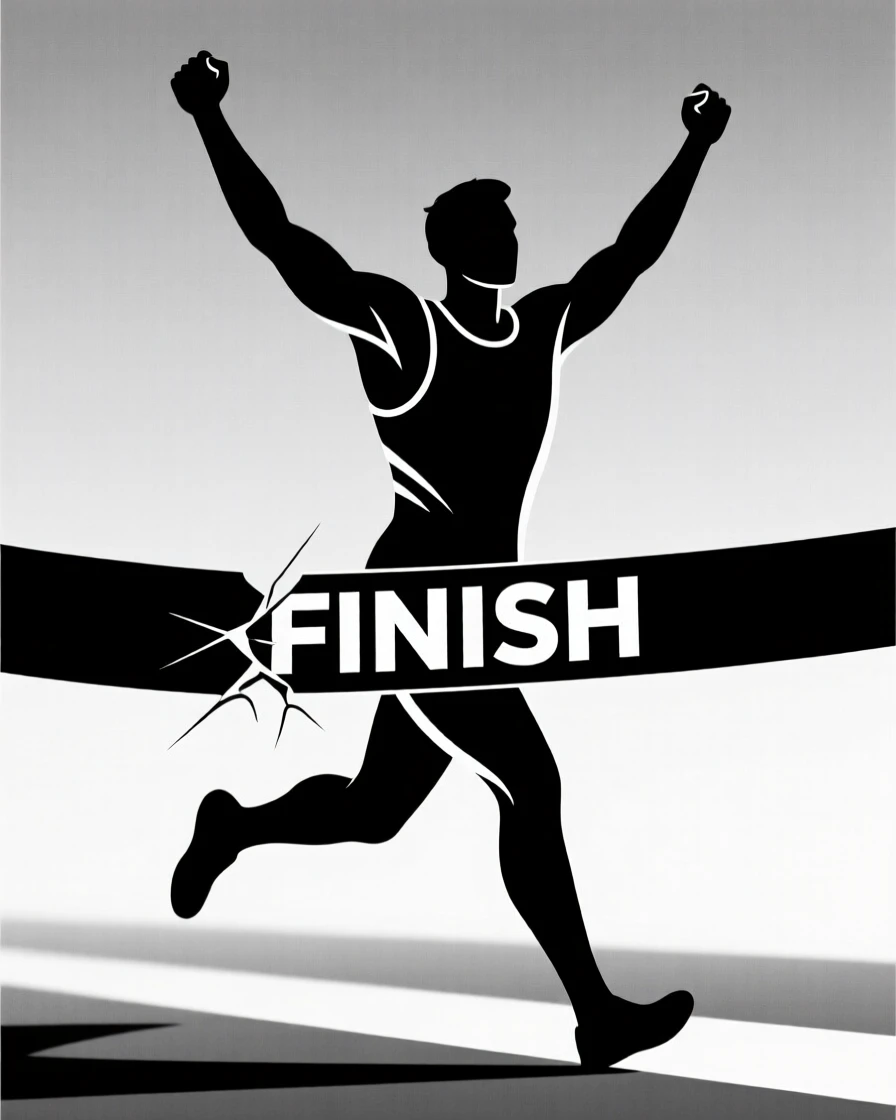 A marathon runner crossing the finish line with arms raised.
