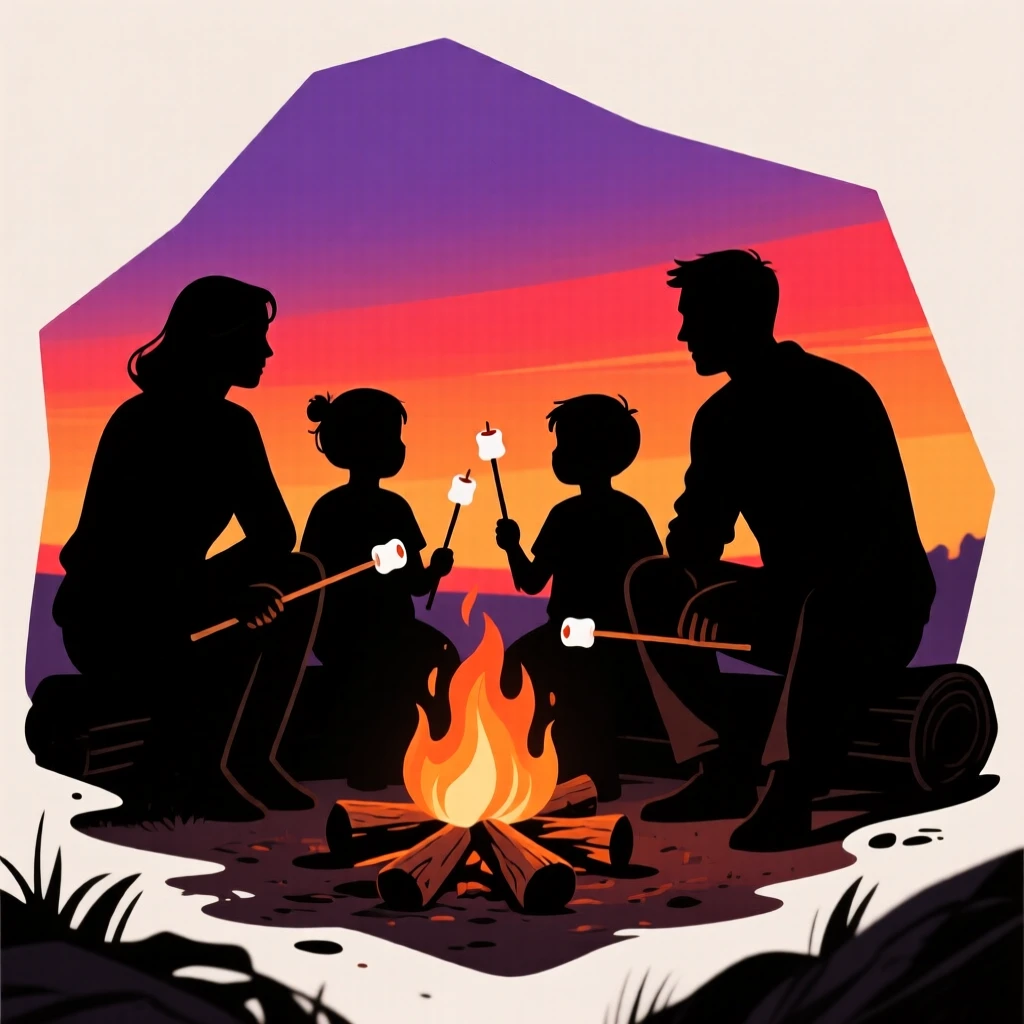 A family gathered close around a crackling campfire, roasting marshmallows on long sticks.