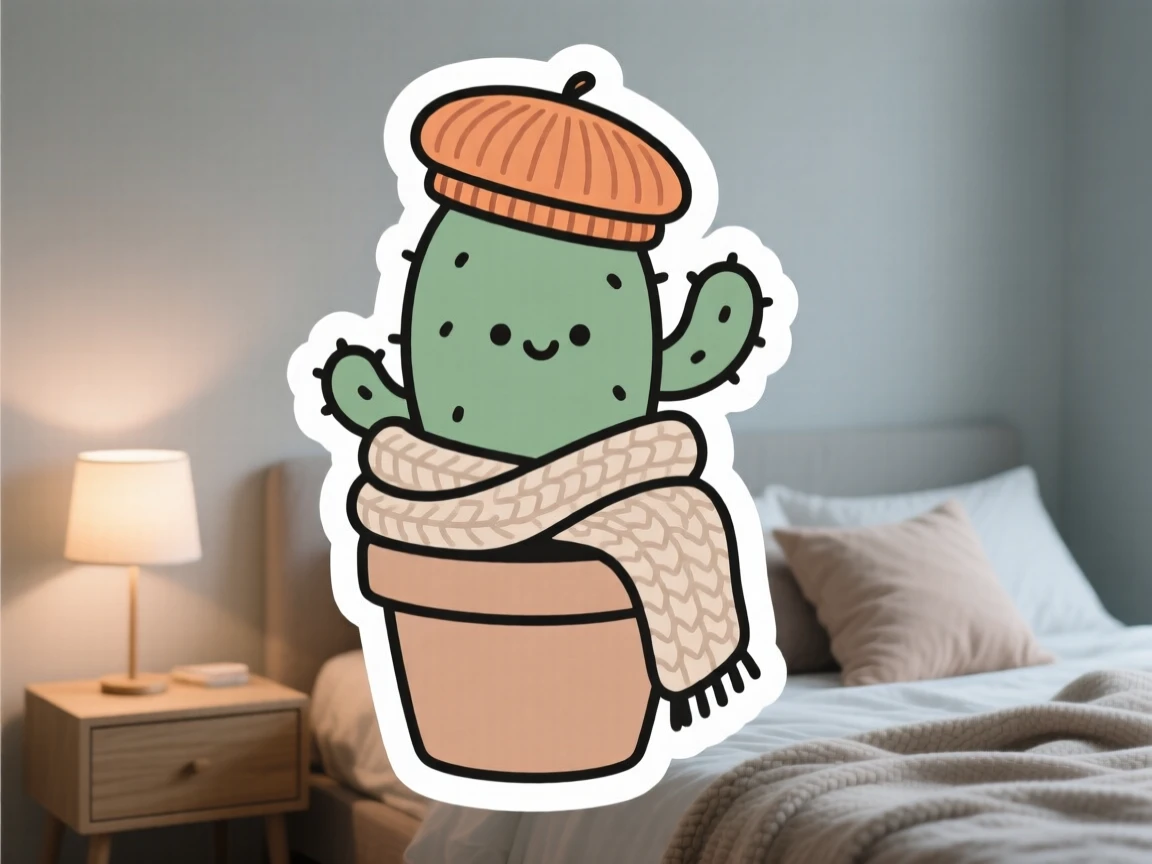 A comforting potted cactus wearing a tiny hat, wrapped in a soft knitted throw, inside a softly decorated bedroom.