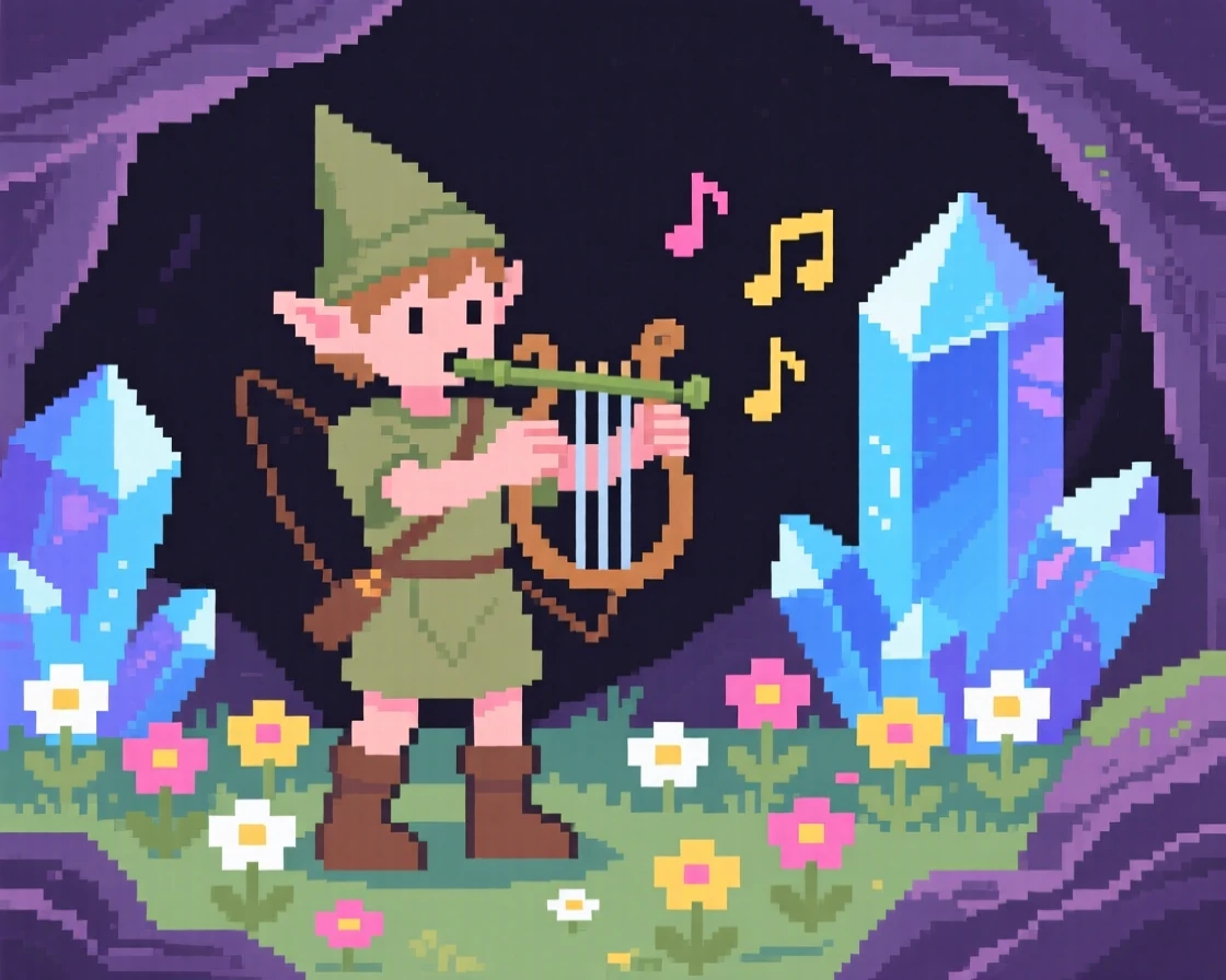 A small elf scout with a bow playing music that makes flowers bloom, within a hidden cave full of crystals.