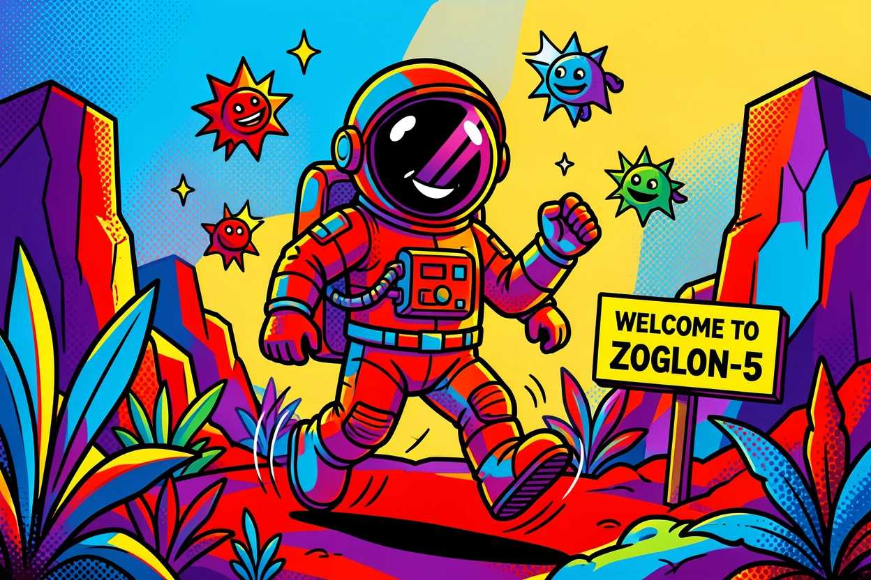 A playful astronaut exploring an elaborate alien planet