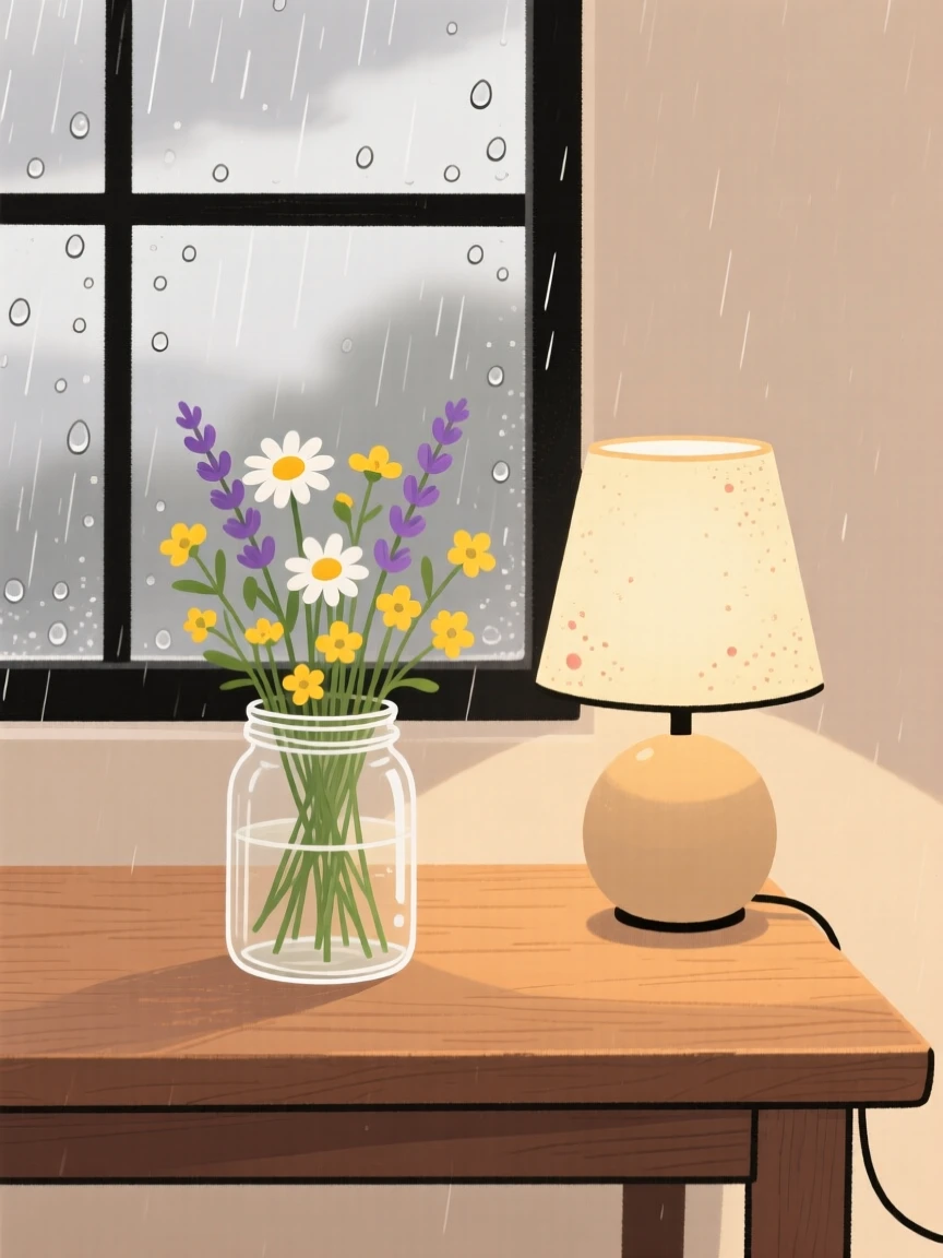A wooden table holds a simple arrangement of fresh-cut wildflowers in a glass jar, lit softly by the glow of a nearby lamp beside a rain-speckled pane.