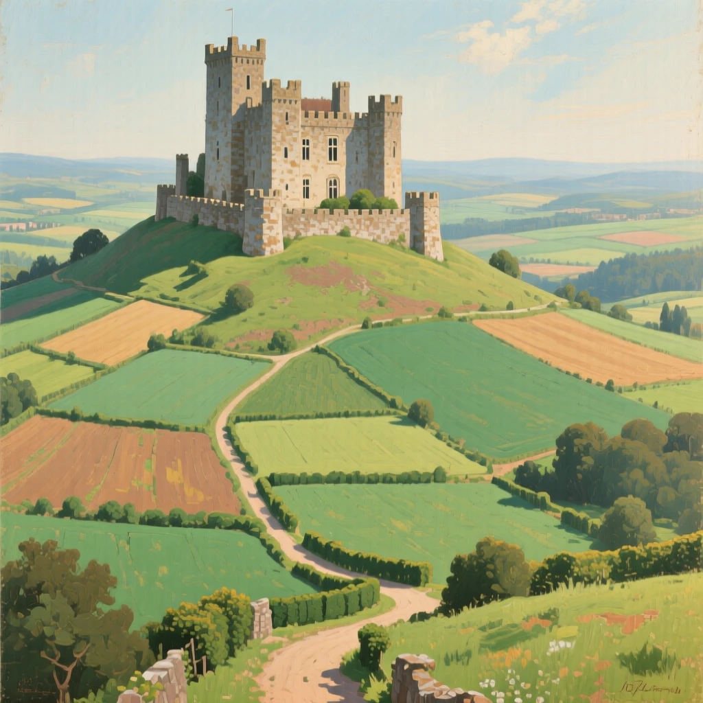 A wide establishing shot of a hilltop castle overlooking a patchwork of green fields, in the 1950s, in the height of summer.