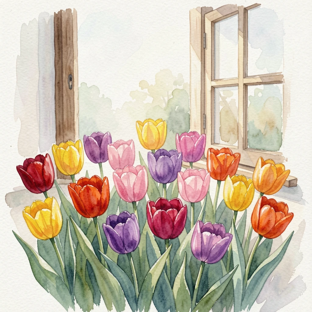 A bed of tulips in a rainbow of colors beside an open window with soft light streaming across the blooms.