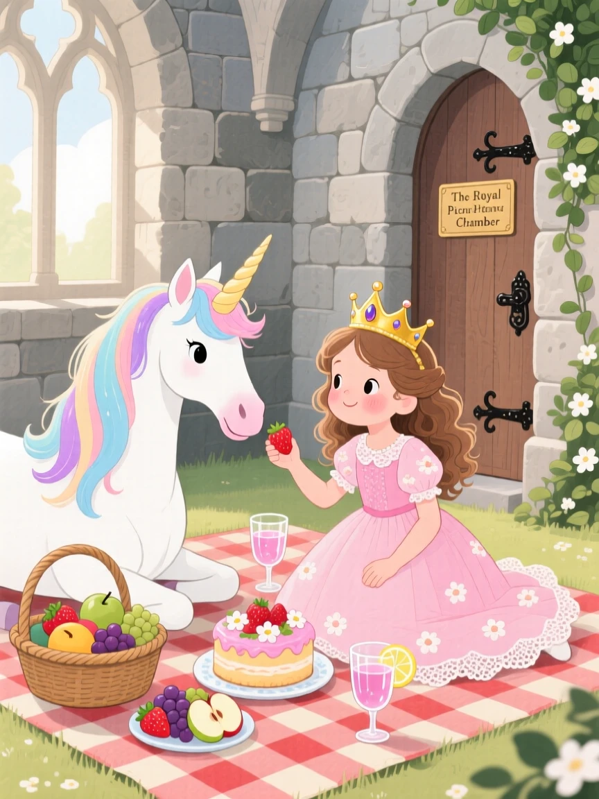 A little princess with a golden crown sharing a picnic with a gentle unicorn with a shimmering mane inside an ancient stone castle.