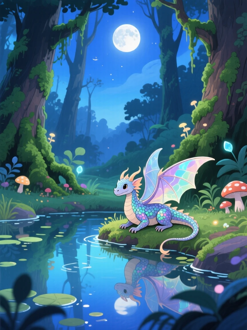 A tiny winged dragon resting beside a crystal-clear pond under moonlight, in an enchanted forest at twilight, evoking awe and quiet enchantment.