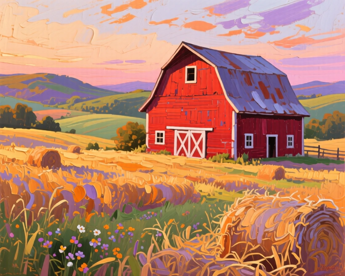 a red barn beyond rolling hay fields, on a gentle summer evening, with a clear foreground, subject, and distant setting.