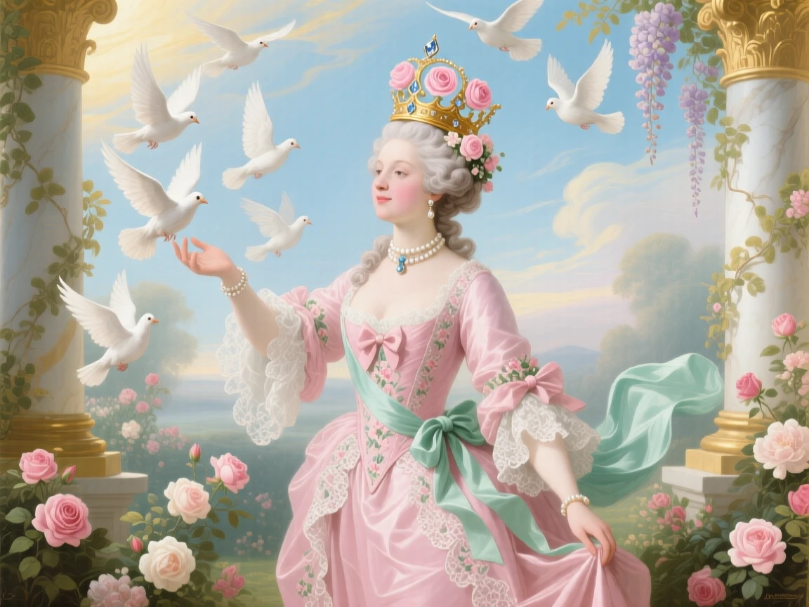 A queen receiving a crown from a flock of white doves  