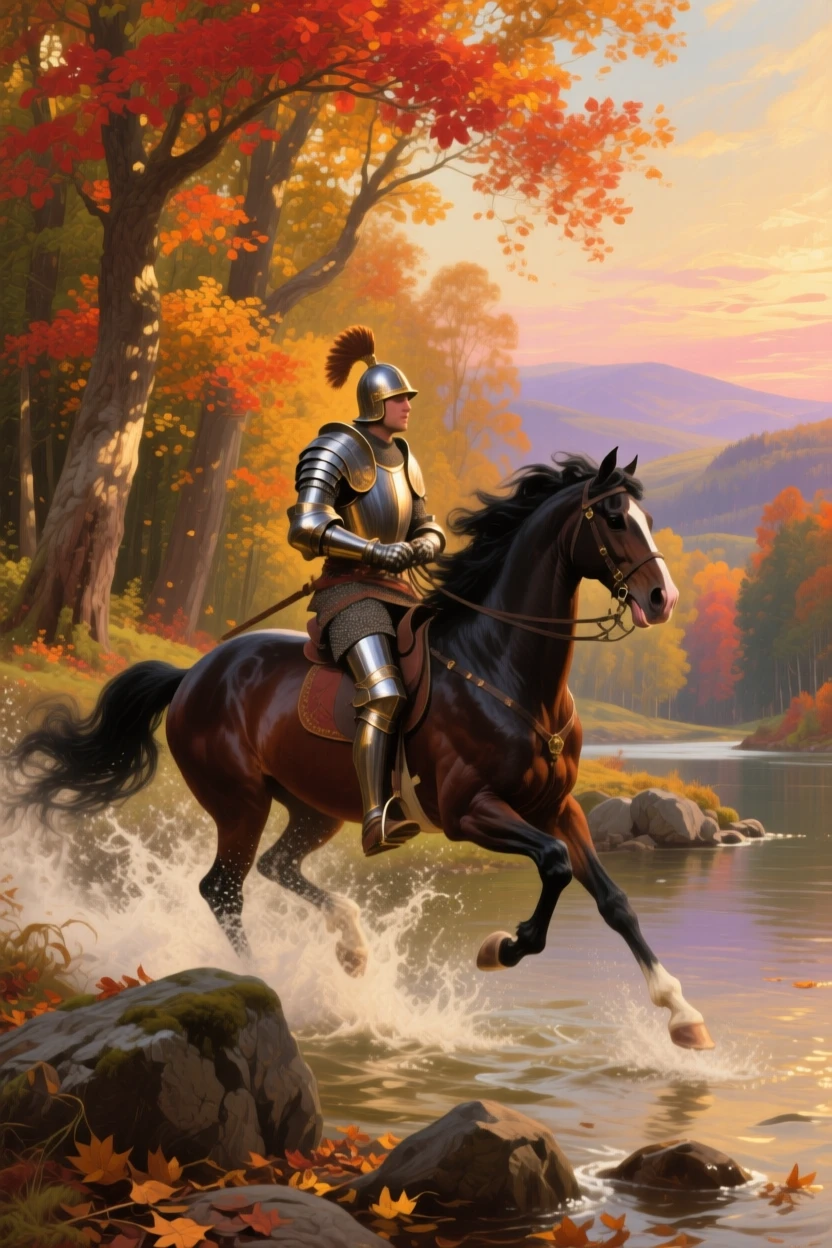A knight's warhorse races freely across a river at the edge of a forest beneath a canopy of autumn leaves.