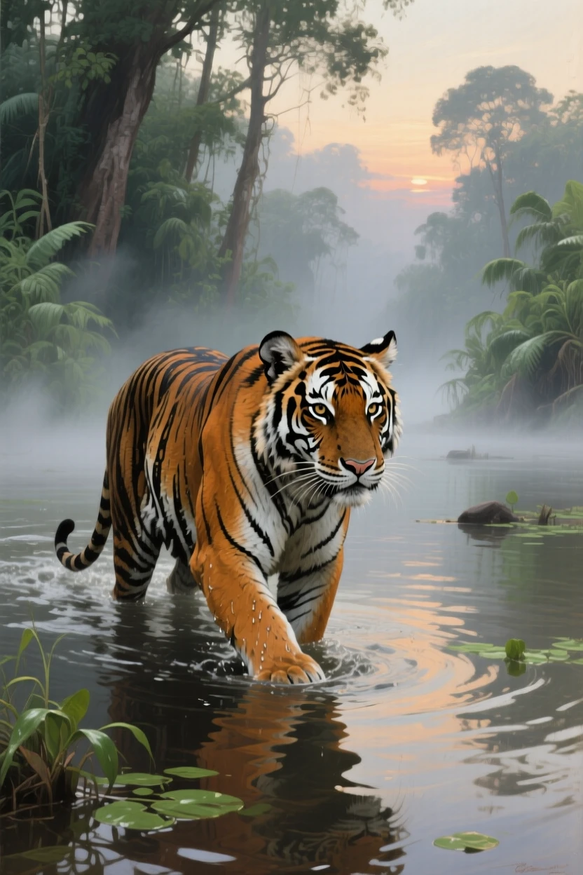 A tiger wading through a misty jungle river at dawn, its eyes sharp and fully alert to the surroundings, capturing a rare and intimate glimpse into wild life