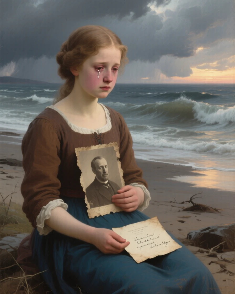 A daughter reading a final letter from her departed father as tears and gratitude mix in equal measure, set on a storm-battered shoreline at first light, with a faded photograph clutched tightly to a chest; the composition uses negative space to emphasize the distance just closed, radiating hope restored after long hardship.