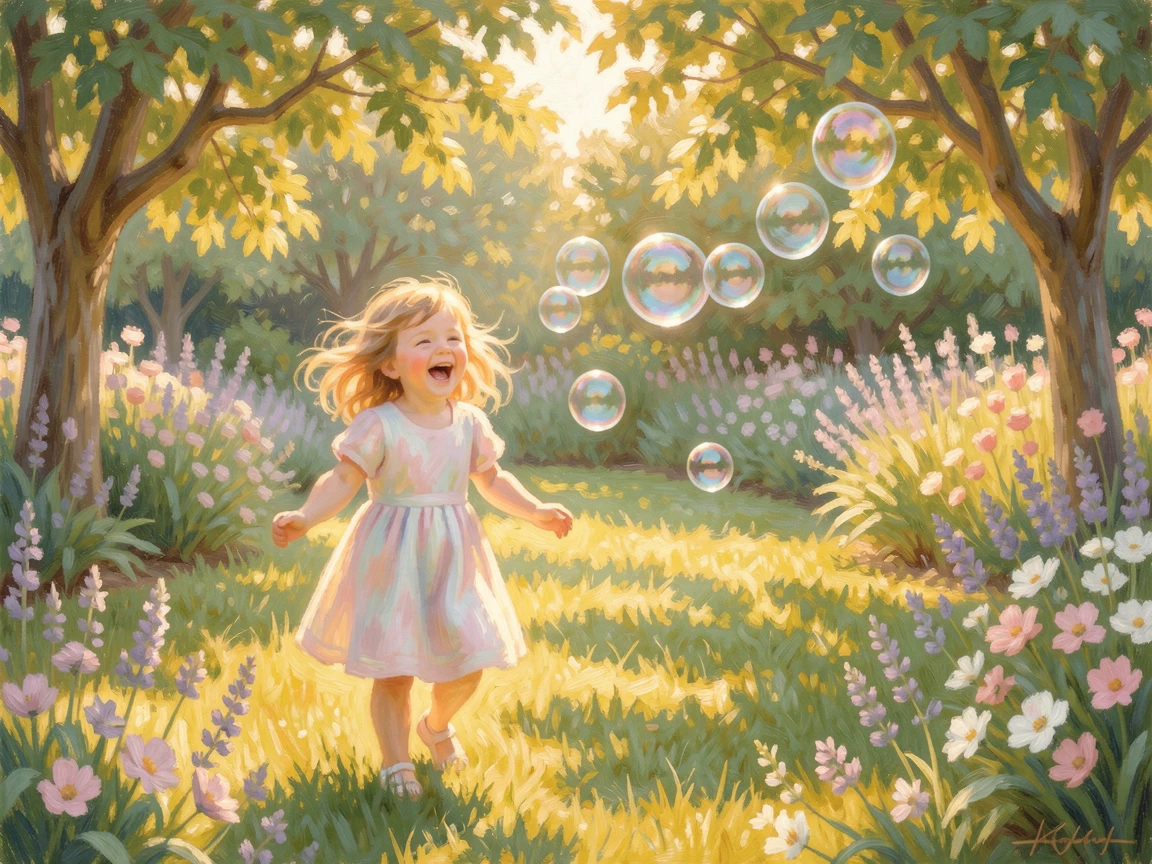 A child chasing soap bubbles across a sunlit garden lawn, laughter frozen in a joyful expression.