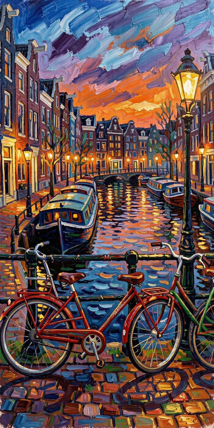 A quiet canal in Amsterdam at dusk, houseboats and bicycles lining the water's edge.