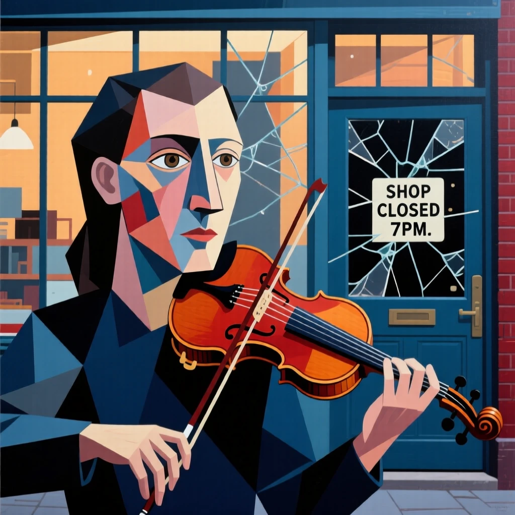A medium shot portrait of a violinist on a quiet evening after closing up shop, focused and content in the craft.