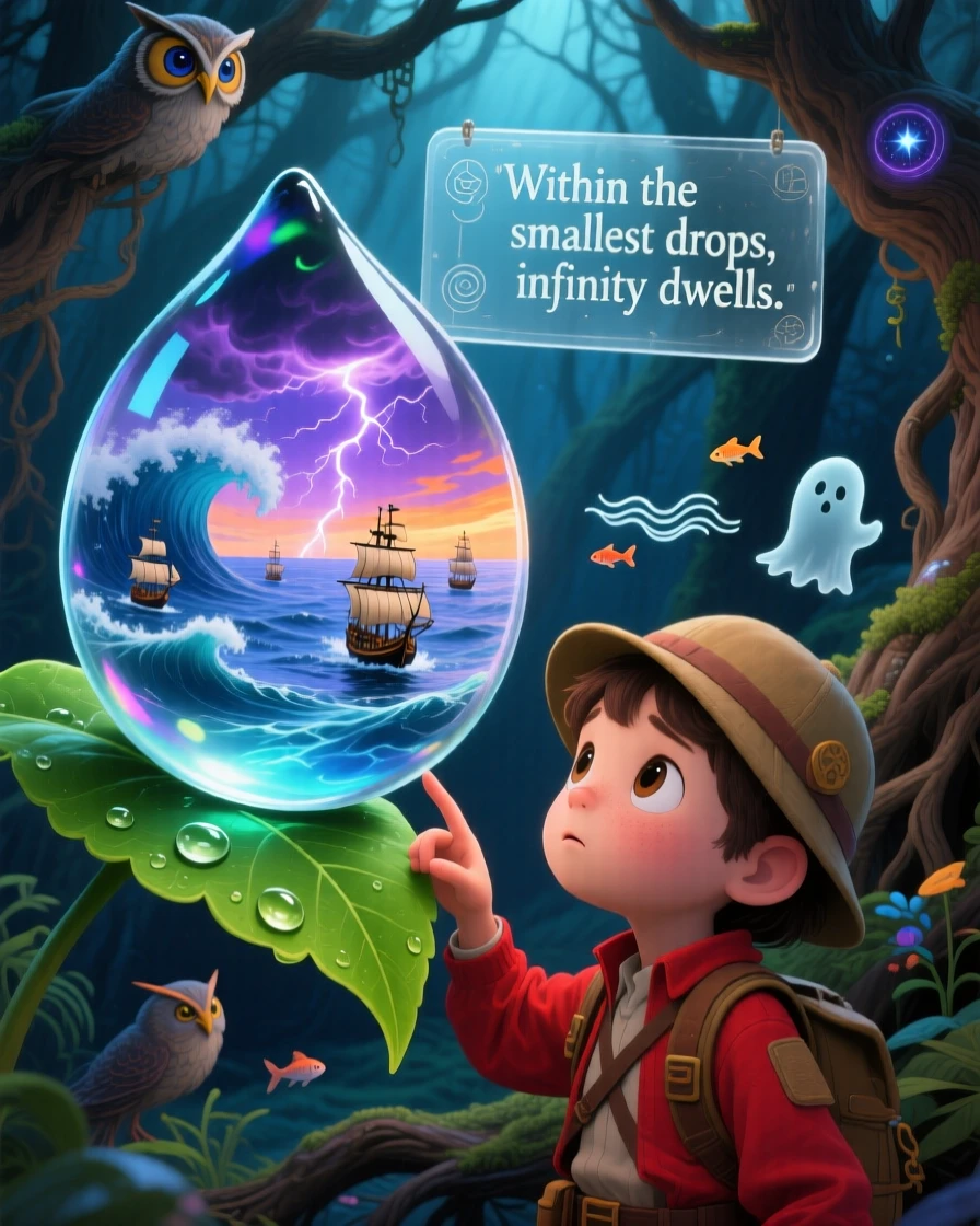 A whole ocean contained within a single dewdrop on a leaf seems impossibly vast for such a small container, while a curious child peers closely to see inside.