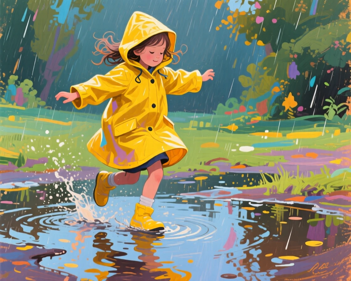 A little girl twirling in a bright yellow raincoat while jumping through puddles