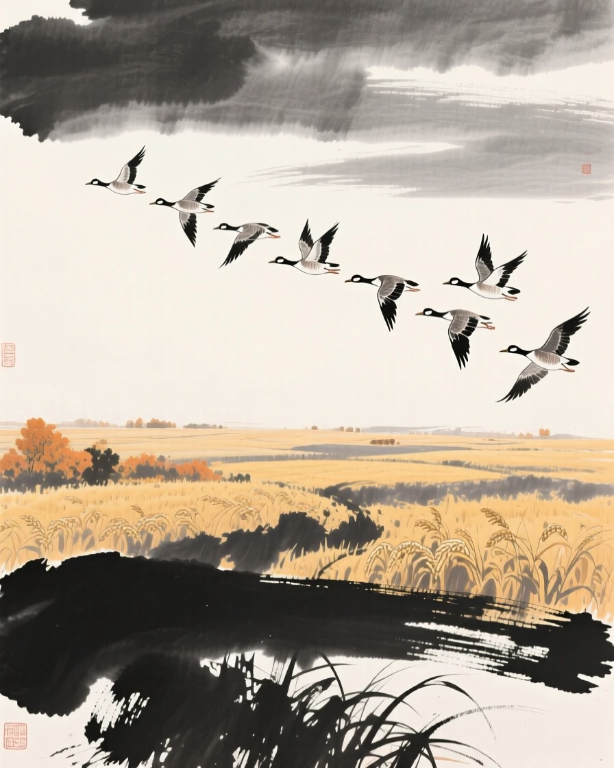 A formation of wild geese flies in a V across an autumn sky, above fields turning gold with the season.
