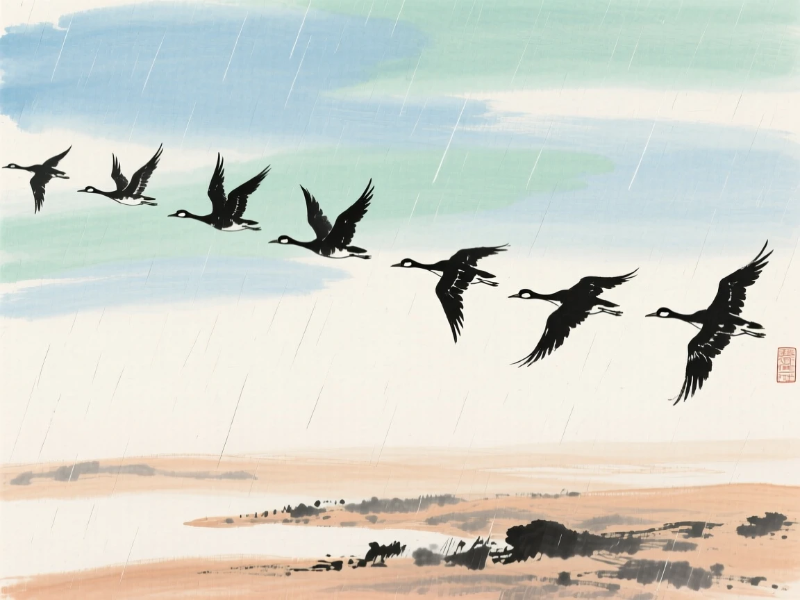 Wild geese flying in a long formation across an open sky, just after a rain shower.