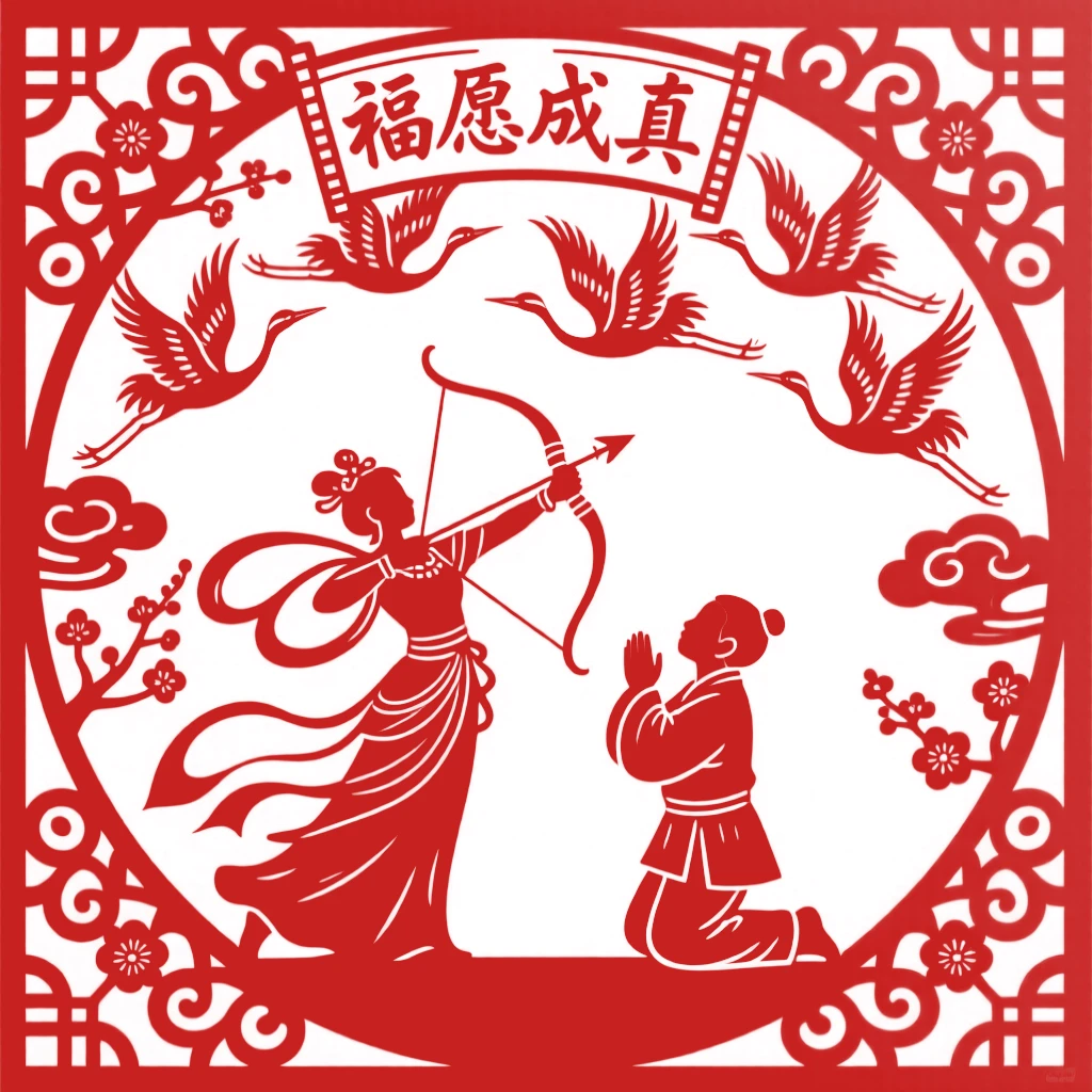 A celestial archer, granting a wish to a kneeling villager, as a flock of cranes circles overhead in reverence.