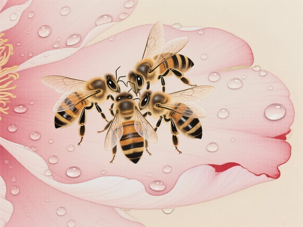 A cluster of honeybees resting on a dew-covered peony petal