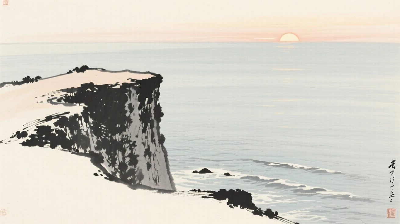 A high cliff overlook facing an endless expanse of ocean in the stillness just before sunrise, viewed from a high vantage point looking down across the whole scene, carrying a feeling of timeless peace and stillness.