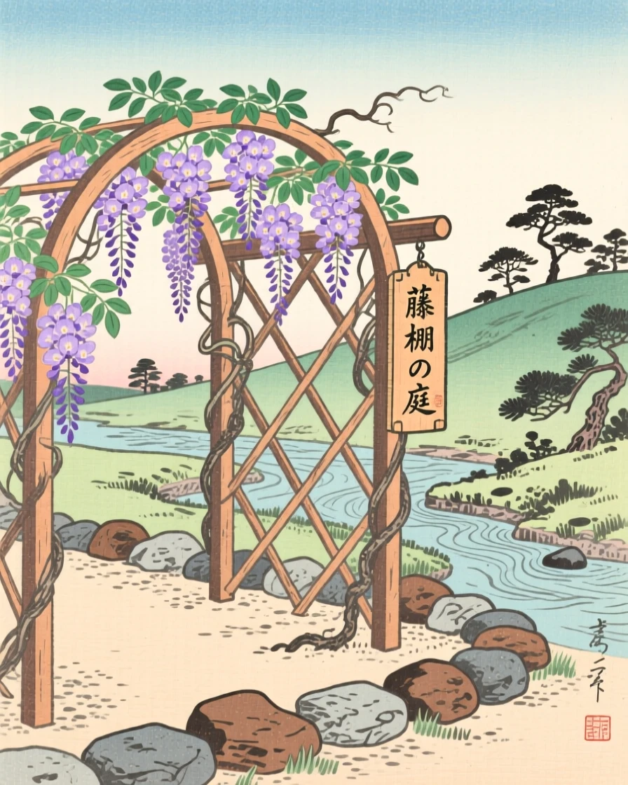 A wisteria-covered garden trellis, bordered by carefully placed stones.