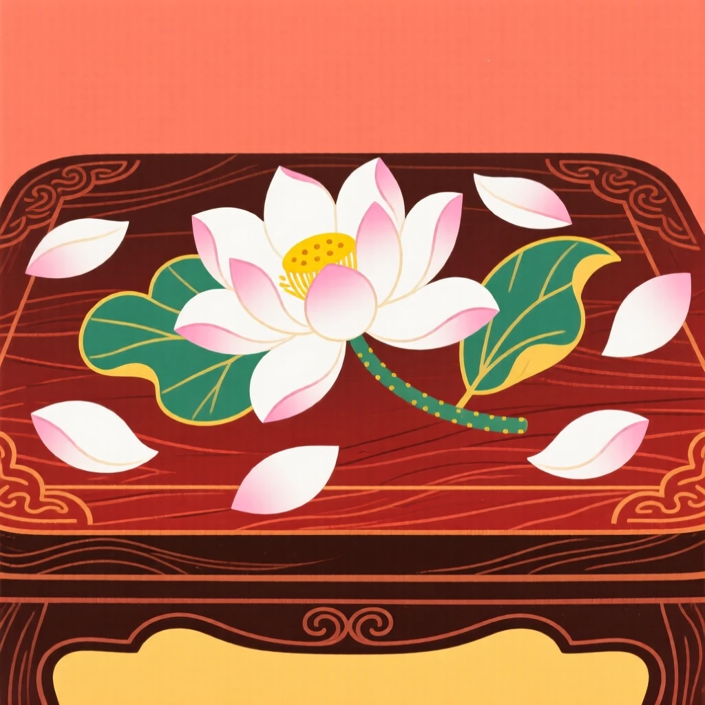A still arrangement of a single white lotus scattered across a low wooden table.