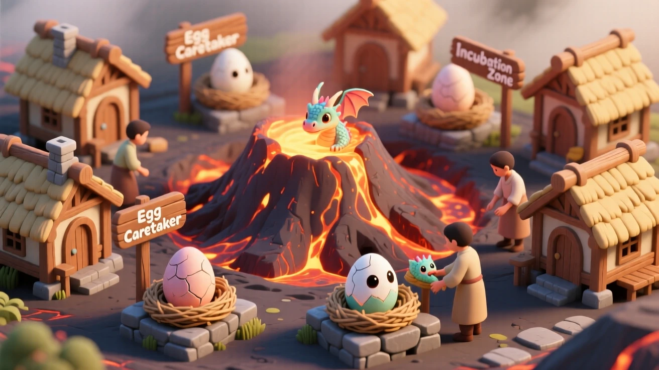 A dragon egg nursery village built around a warm volcanic crater, with caretakers tending nests and baby dragons peeking from shells.
