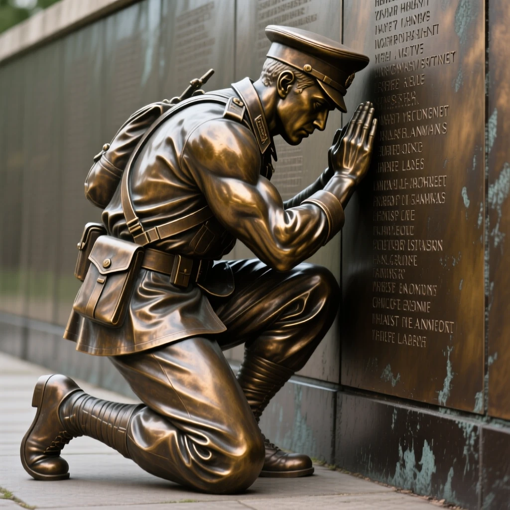 A soldier kneeling at a memorial wall, with muscles tensed in graceful strength, forming a strong central focal point
