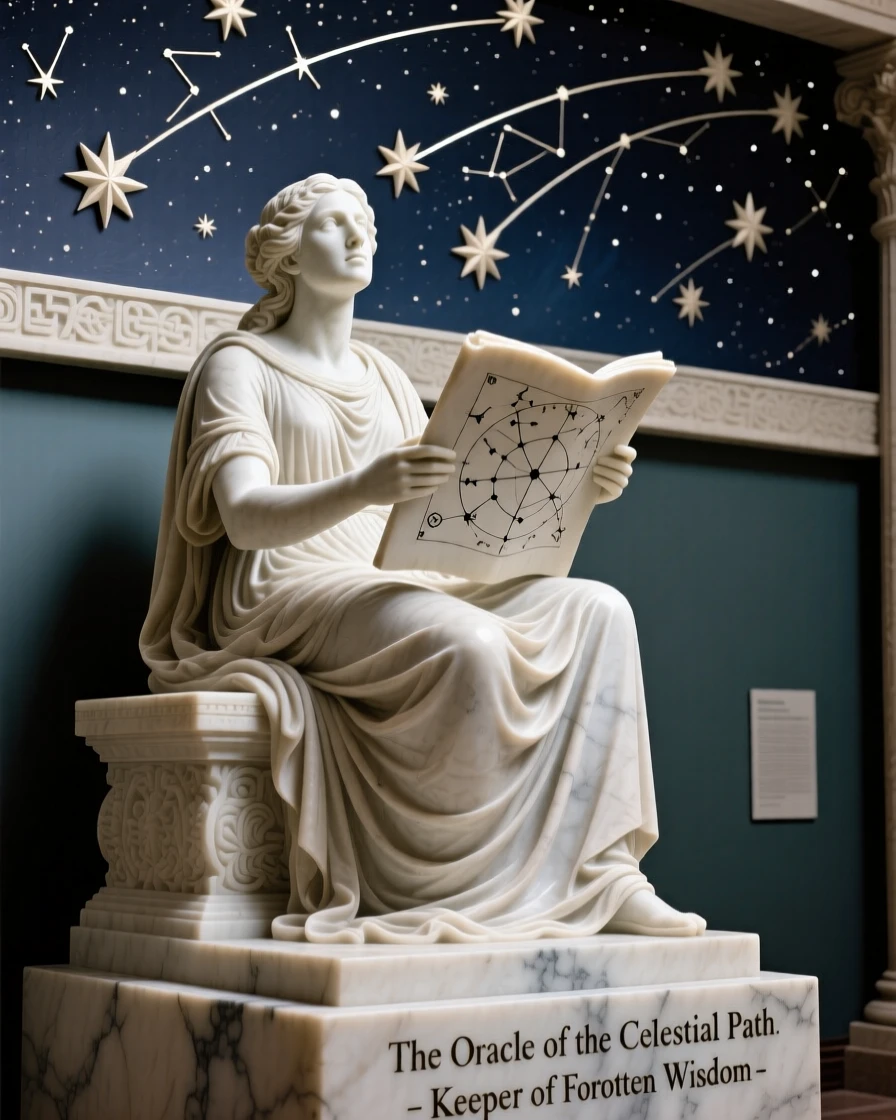 An ancient oracle reading the stars, under a sky filled with shooting stars, radiating power and legend