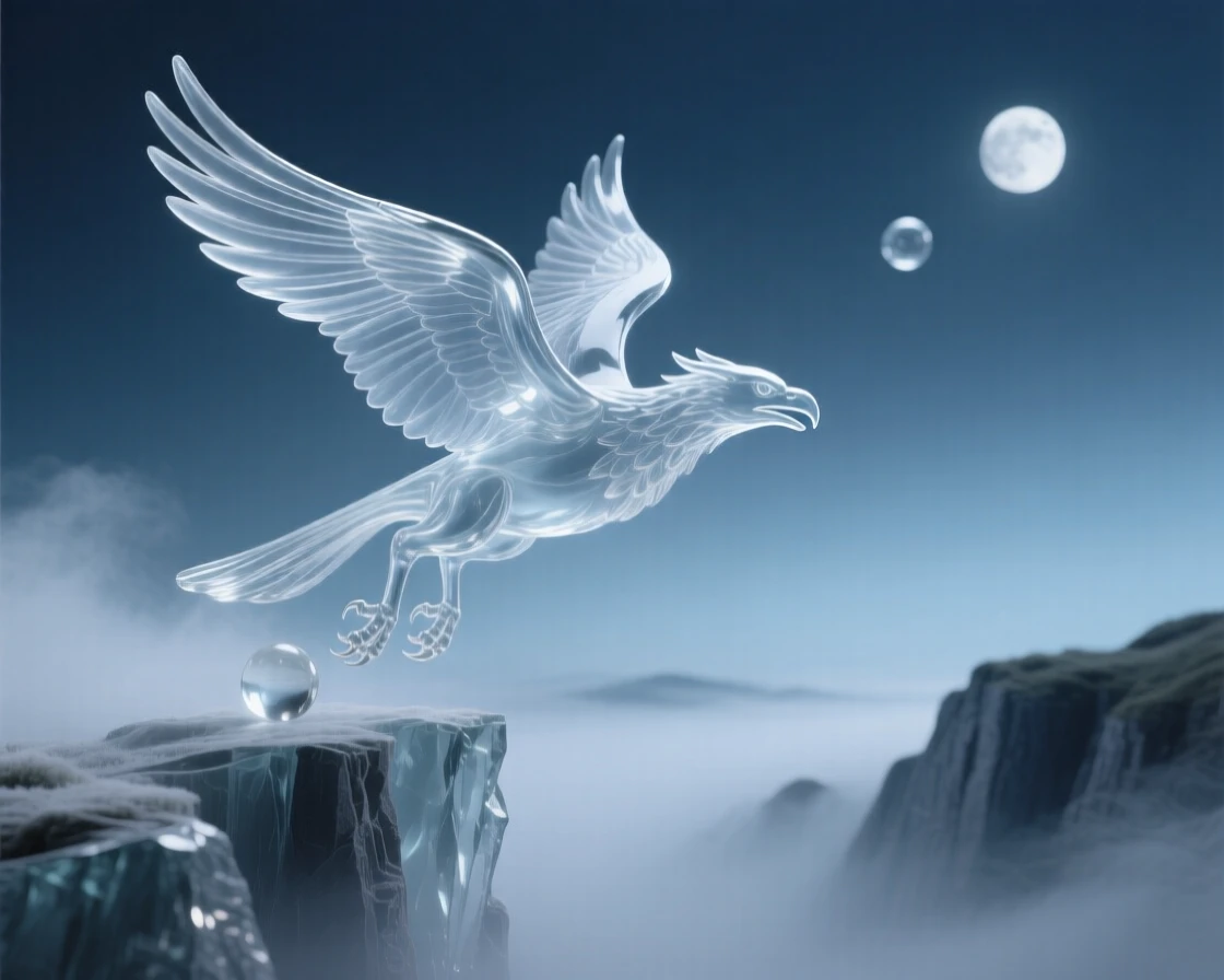 A griffin soaring above misty cliffs under a twilight sky filled with two moons, atmospheric fog rolling through the scene, feeling mysterious and enchanting.